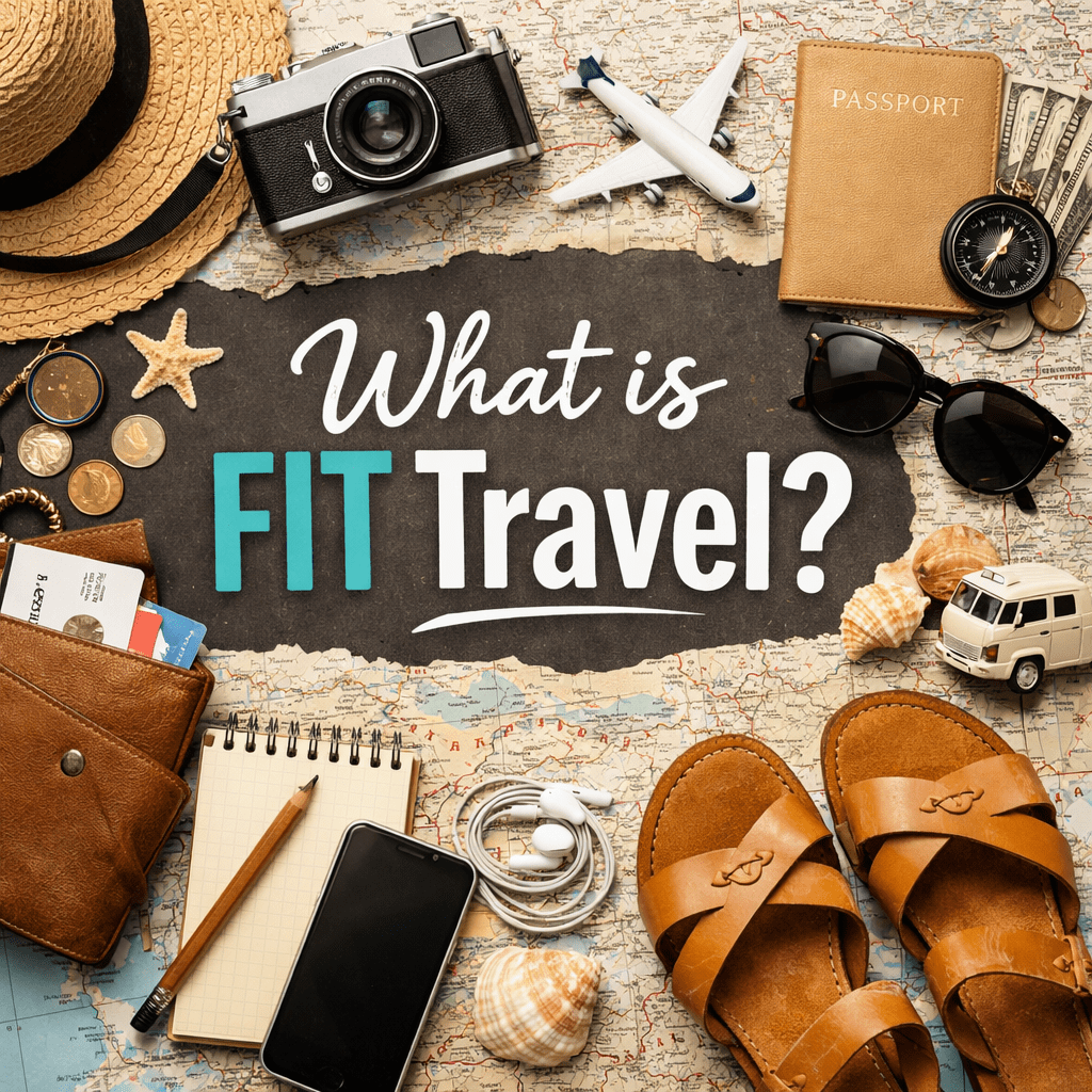 Travel items on a map with text 'What is FIT Travel?' including a camera, hat, passport, sunglasses, sandals, mini plane model, small van model, notebook, phone, and seashells
