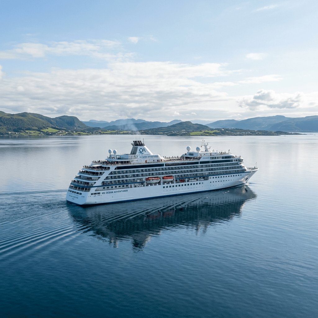 MS Ocean Adventurer cruise ship sailing near a green coastline with mountains in the background