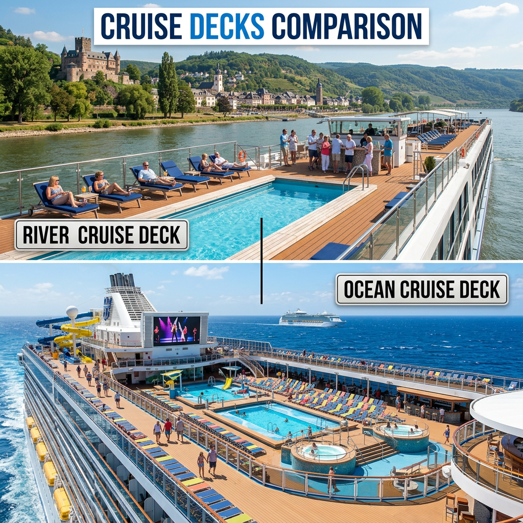 River cruise deck with pool and sun loungers alongside ocean cruise deck with multiple pools and entertainment screens
