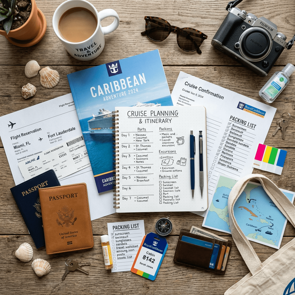 Travel itinerary, cruise documents, passports, sunglasses, camera, and packing lists for a Caribbean cruise